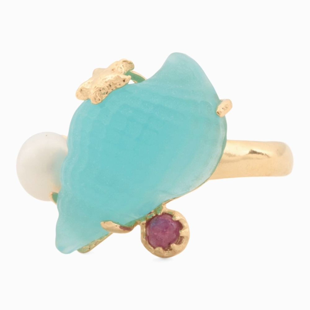 Nwt Tagliamonte Sea Life 18K YGP / SS Venetian Glass Sea Shell Pearl Ruby Ring 6